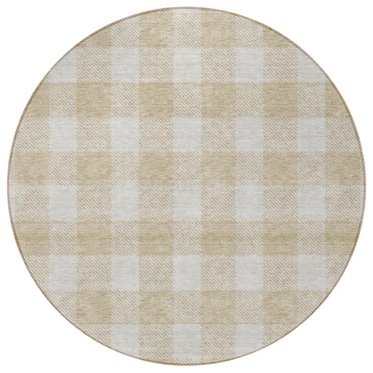 8' Beige And Gray Round Plaid Washable Indoor Outdoor Area Rug