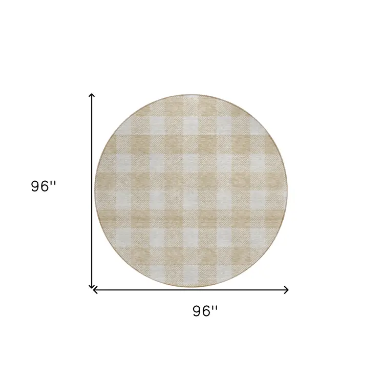 8' Beige And Gray Round Plaid Washable Indoor Outdoor Area Rug