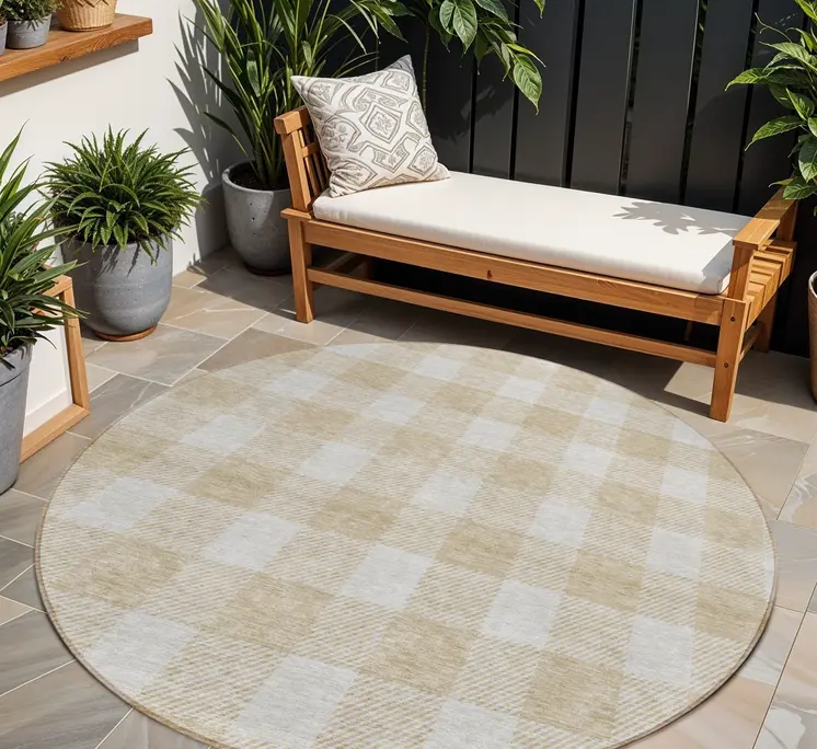 8' Beige And Gray Round Plaid Washable Indoor Outdoor Area Rug