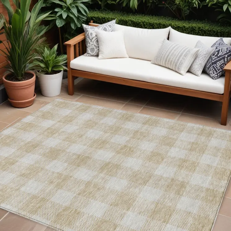 8' X 10' Beige And Gray Plaid Washable Indoor Outdoor Area Rug