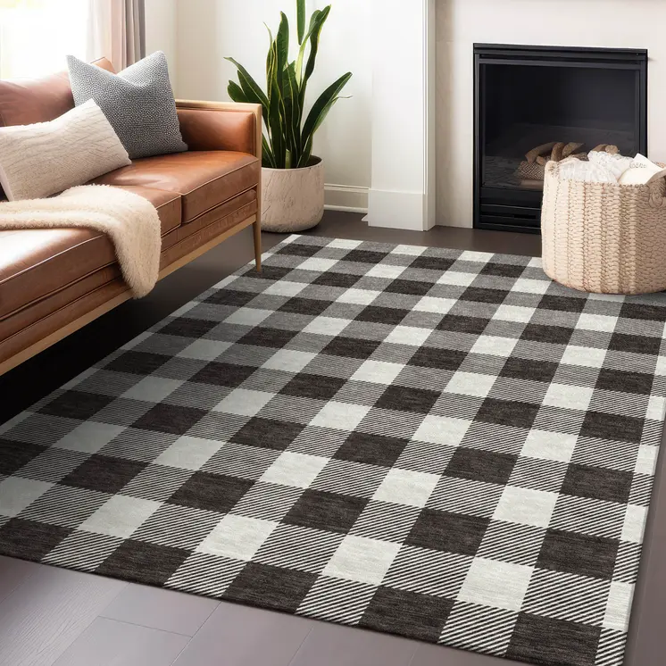 3' X 5' Black And Gray Plaid Washable Indoor Outdoor Area Rug