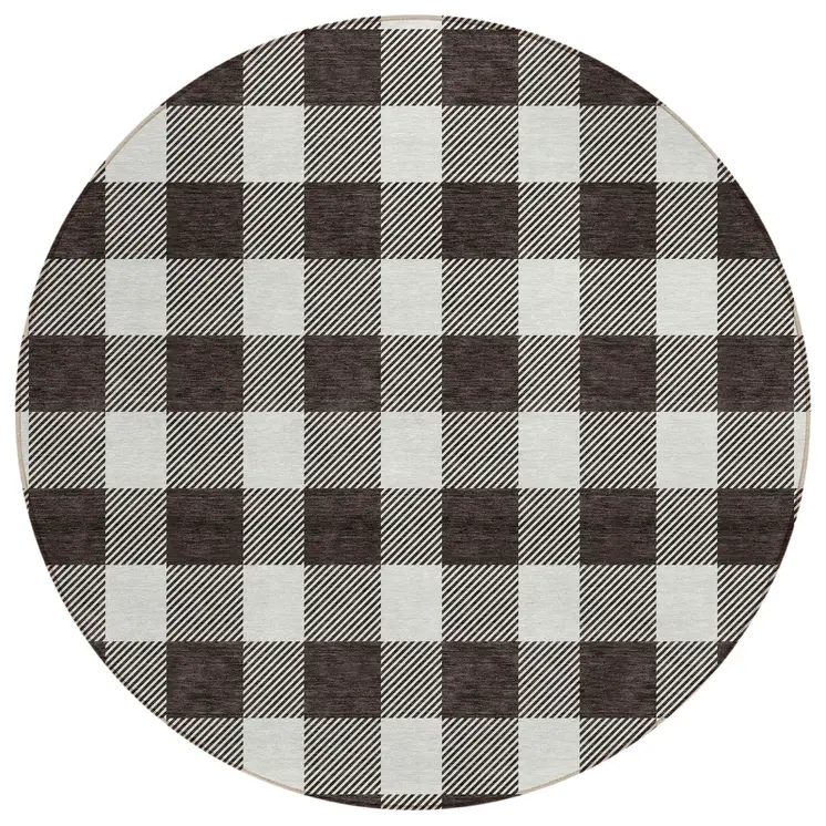 8' Black And Gray Round Plaid Washable Indoor Outdoor Area Rug