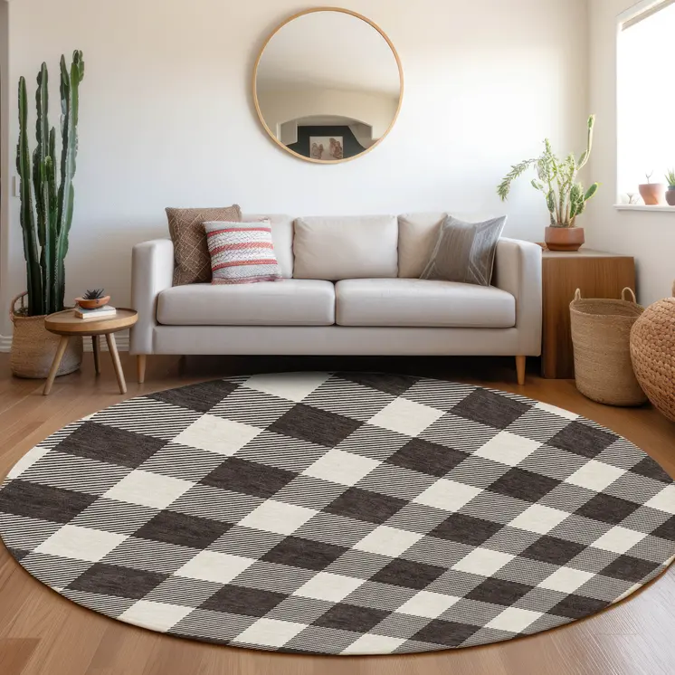 8' Black And Gray Round Plaid Washable Indoor Outdoor Area Rug