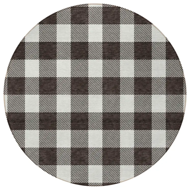 8' Black And Gray Round Plaid Washable Indoor Outdoor Area Rug