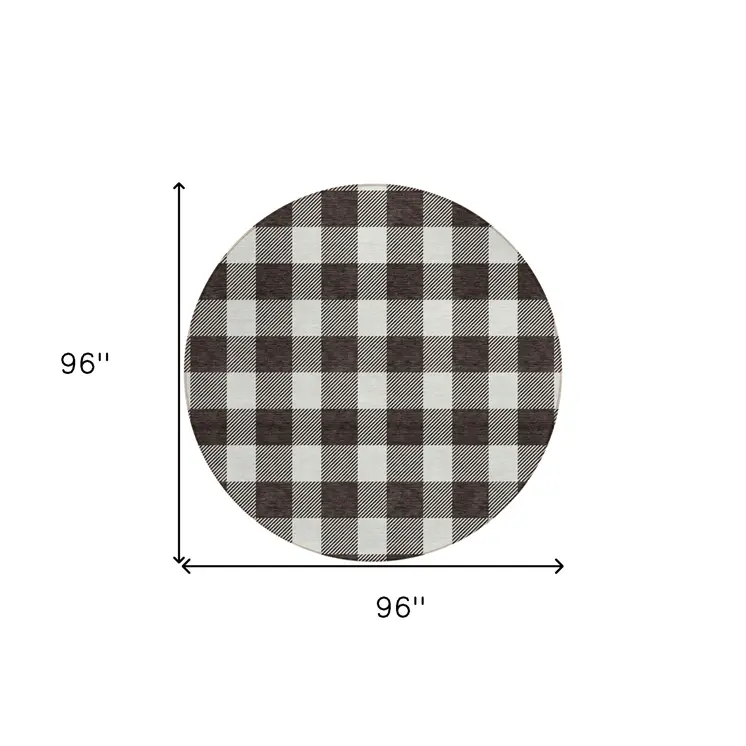 8' Black And Gray Round Plaid Washable Indoor Outdoor Area Rug