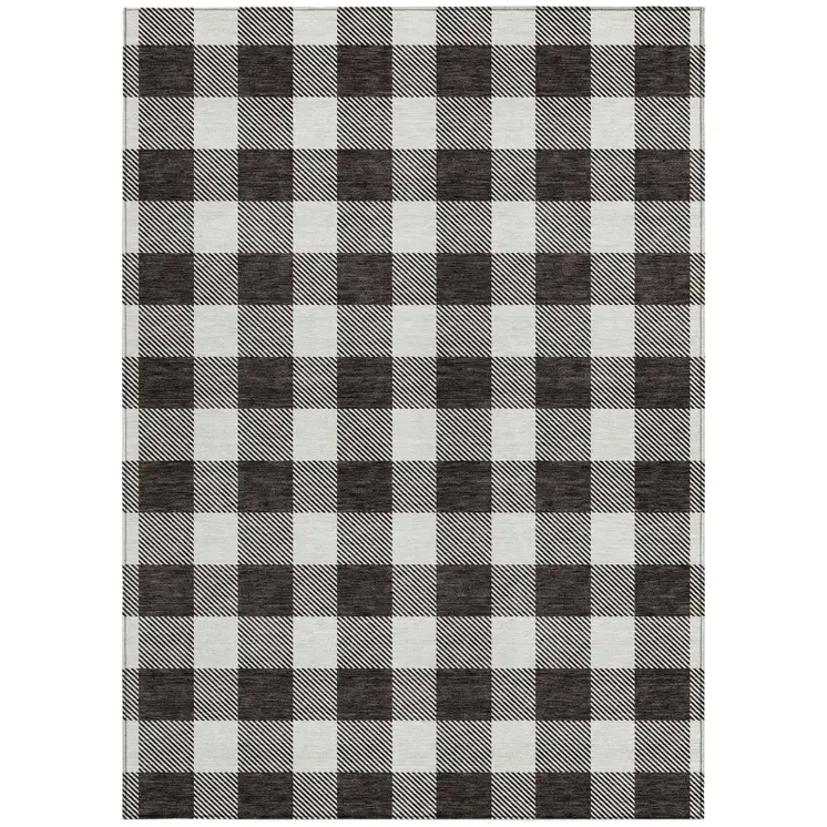 9' X 12' Black And Gray Plaid Washable Indoor Outdoor Area Rug