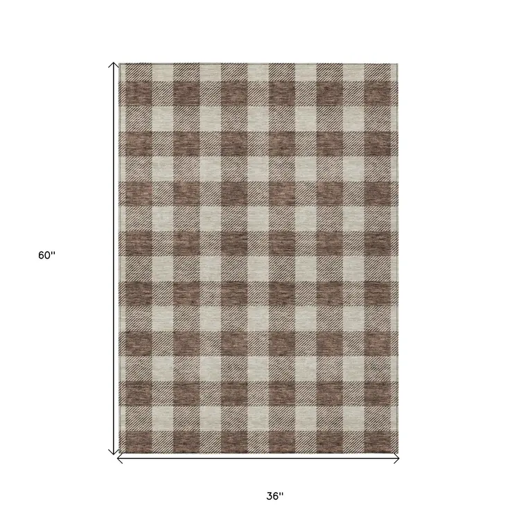 3' X 5' Brown And Beige Plaid Washable Indoor Outdoor Area Rug