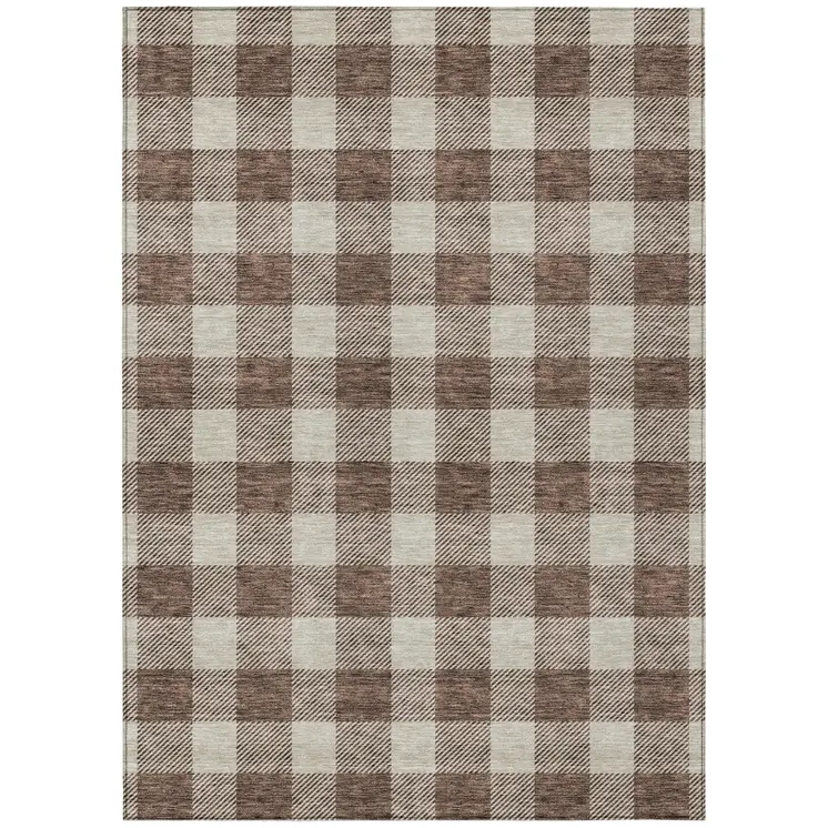 3' X 5' Brown And Beige Plaid Washable Indoor Outdoor Area Rug