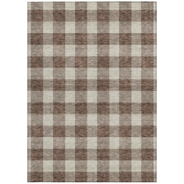 3' X 5' Brown And Beige Plaid Washable Indoor Outdoor Area Rug