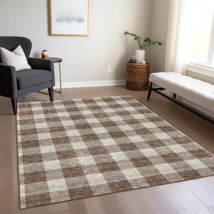 3' X 5' Brown And Beige Plaid Washable Indoor Outdoor Area Rug