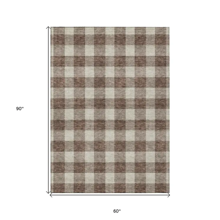 5' X 8' Brown And Beige Plaid Washable Indoor Outdoor Area Rug