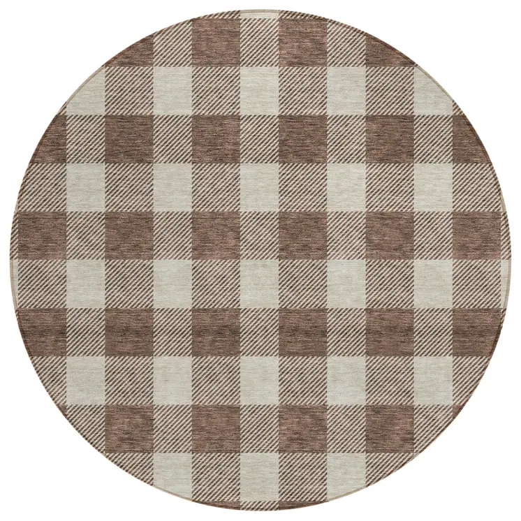 8' Brown And Beige Round Plaid Washable Indoor Outdoor Area Rug
