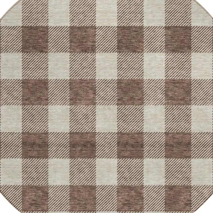 8' Brown And Beige Round Plaid Washable Indoor Outdoor Area Rug