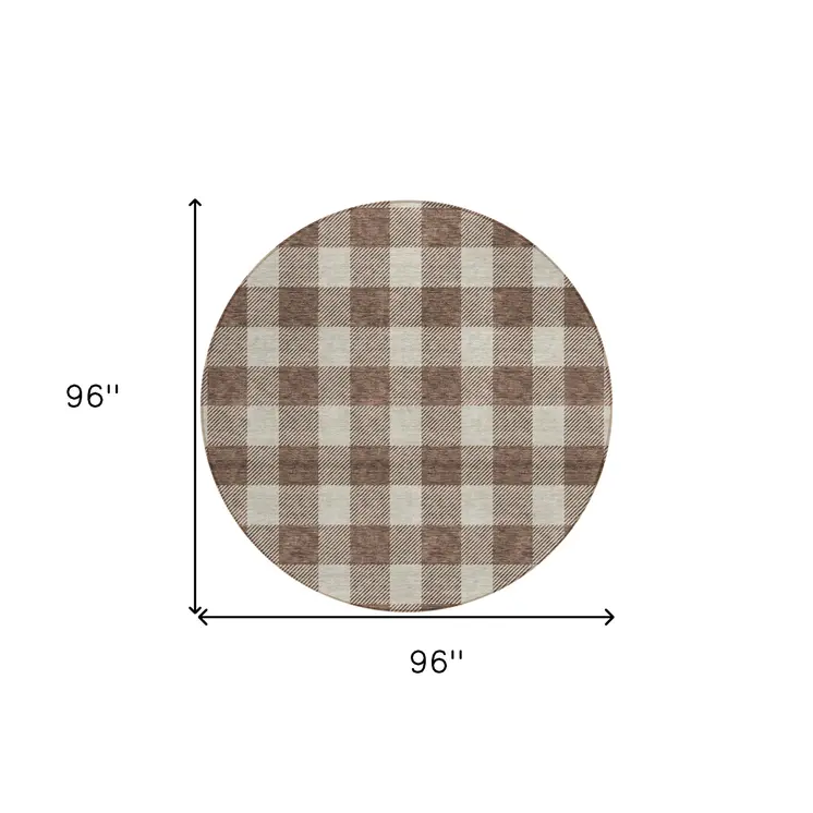 8' Brown And Beige Round Plaid Washable Indoor Outdoor Area Rug