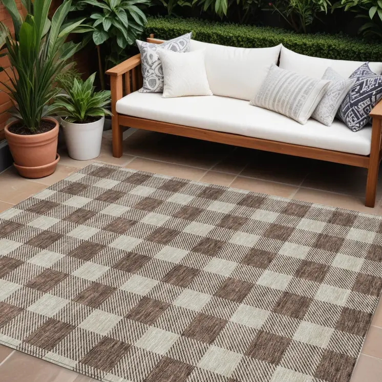 8' X 10' Brown And Beige Plaid Washable Indoor Outdoor Area Rug