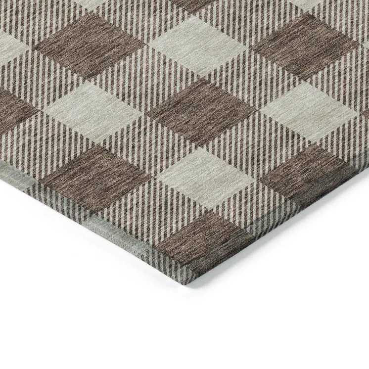8' X 10' Brown And Beige Plaid Washable Indoor Outdoor Area Rug