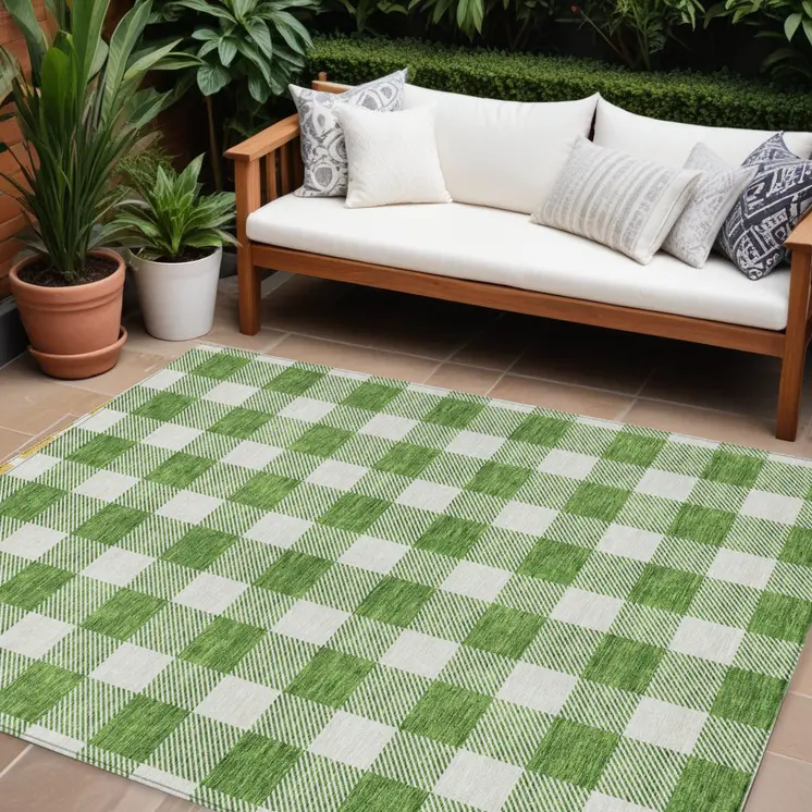 10' X 14' Green And Gray Plaid Washable Indoor Outdoor Area Rug