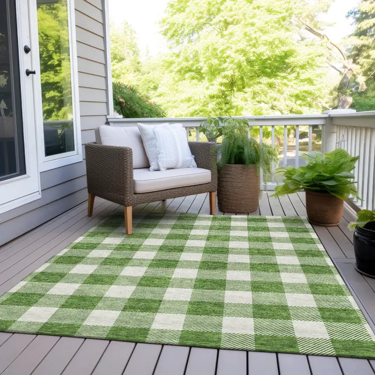 10' X 14' Green And Gray Plaid Washable Indoor Outdoor Area Rug