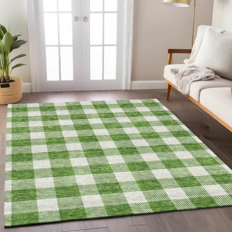 10' X 14' Green And Gray Plaid Washable Indoor Outdoor Area Rug