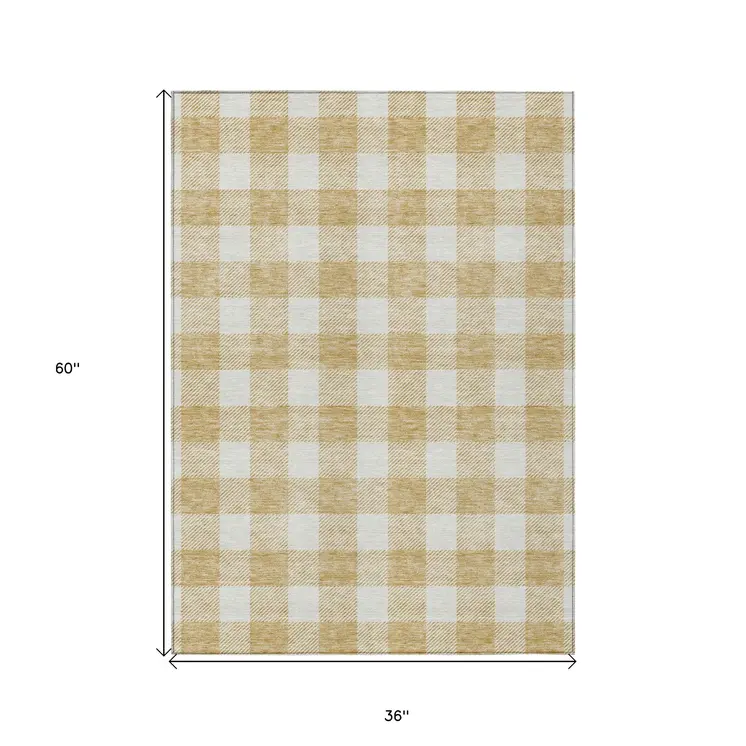 3' X 5' Gold And Beige Plaid Washable Indoor Outdoor Area Rug