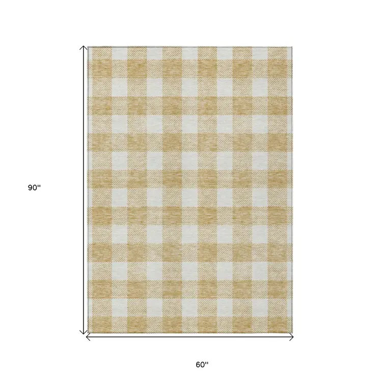 5' X 8' Gold And Beige Plaid Washable Indoor Outdoor Area Rug