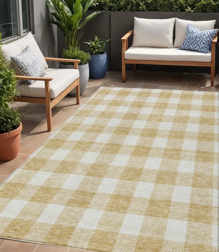 5' X 8' Gold And Beige Plaid Washable Indoor Outdoor Area Rug
