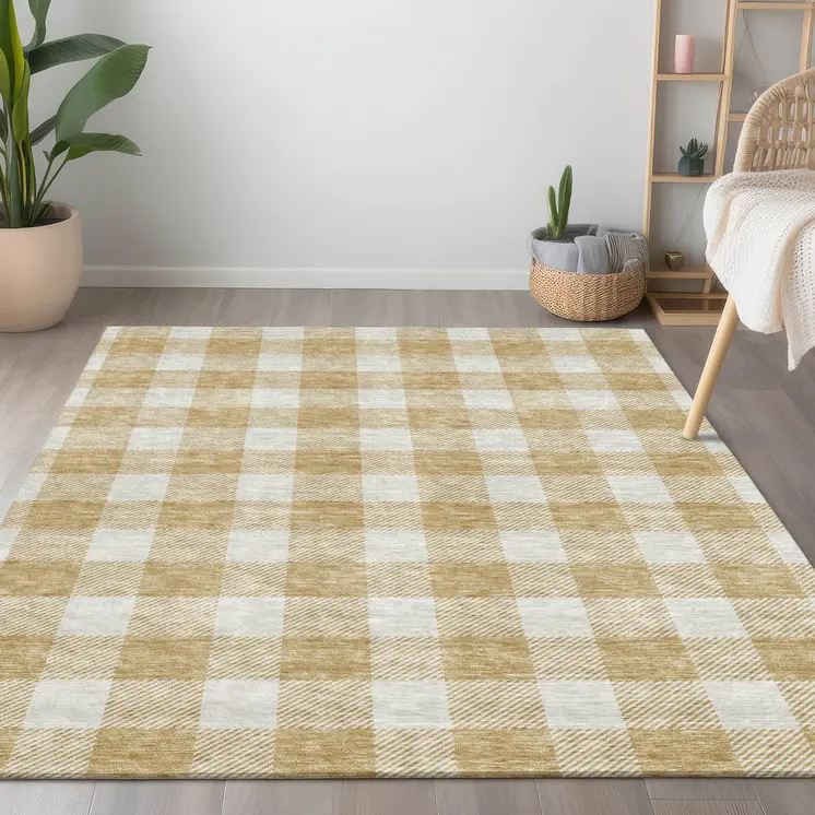 5' X 8' Gold And Beige Plaid Washable Indoor Outdoor Area Rug