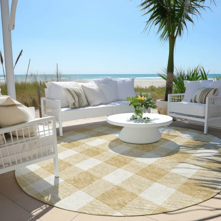 8' Gold And Beige Round Plaid Washable Indoor Outdoor Area Rug