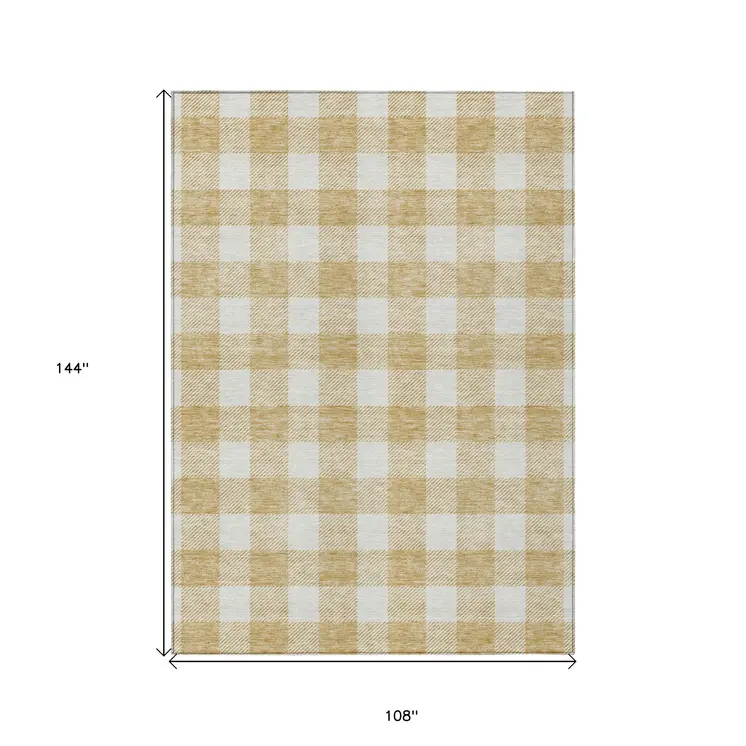9' X 12' Gold And Beige Plaid Washable Indoor Outdoor Area Rug