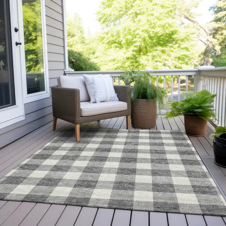 3' X 5' Gray And Charcoal Plaid Washable Indoor Outdoor Area Rug
