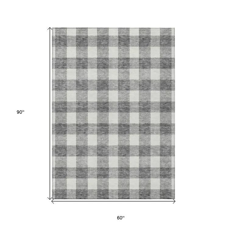 5' X 8' Gray And Charcoal Plaid Washable Indoor Outdoor Area Rug