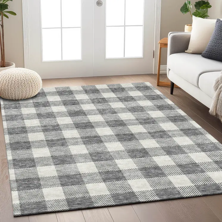 5' X 8' Gray And Charcoal Plaid Washable Indoor Outdoor Area Rug