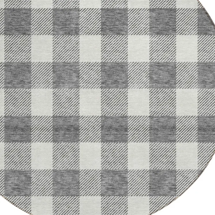 8' Gray And Charcoal Round Plaid Washable Indoor Outdoor Area Rug