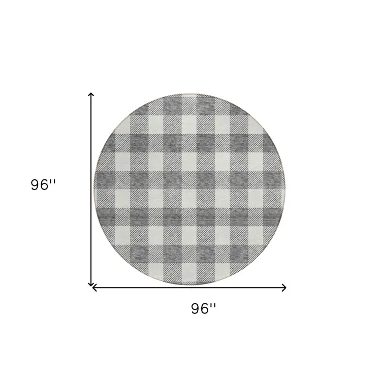 8' Gray And Charcoal Round Plaid Washable Indoor Outdoor Area Rug