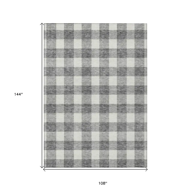 9' X 12' Gray And Charcoal Plaid Washable Indoor Outdoor Area Rug