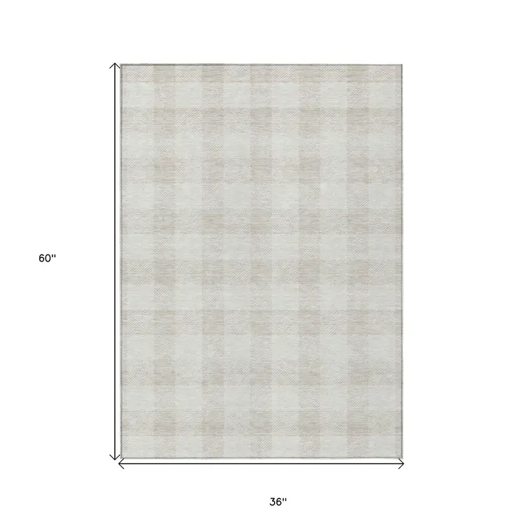 3' X 5' Ivory And Beige Plaid Washable Indoor Outdoor Area Rug