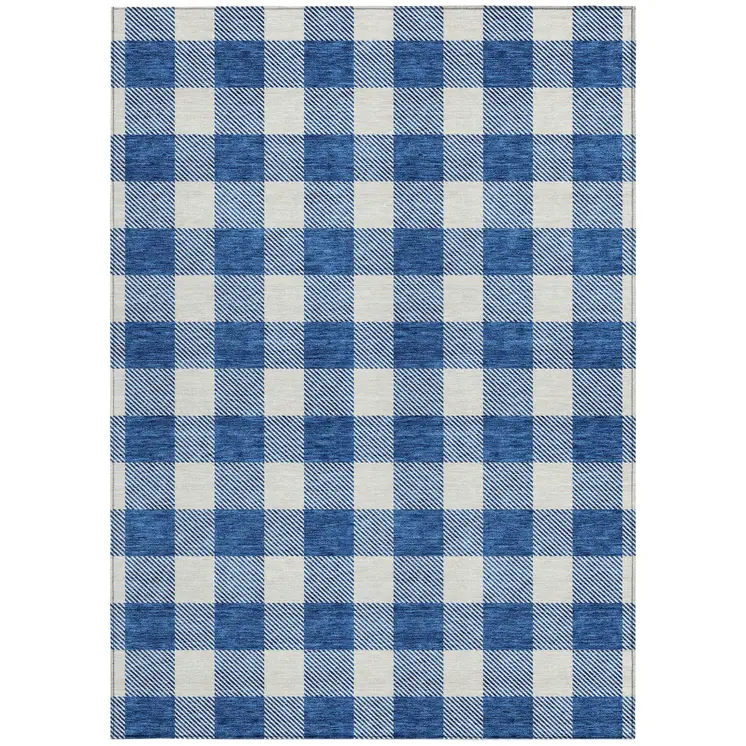 5' X 8' Navy Blue And Gray Plaid Washable Indoor Outdoor Area Rug