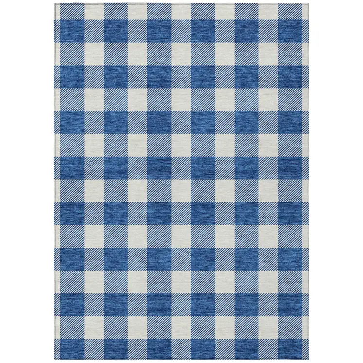 5' X 8' Navy Blue And Gray Plaid Washable Indoor Outdoor Area Rug