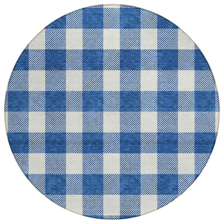 8' Navy Blue And Gray Round Plaid Washable Indoor Outdoor Area Rug