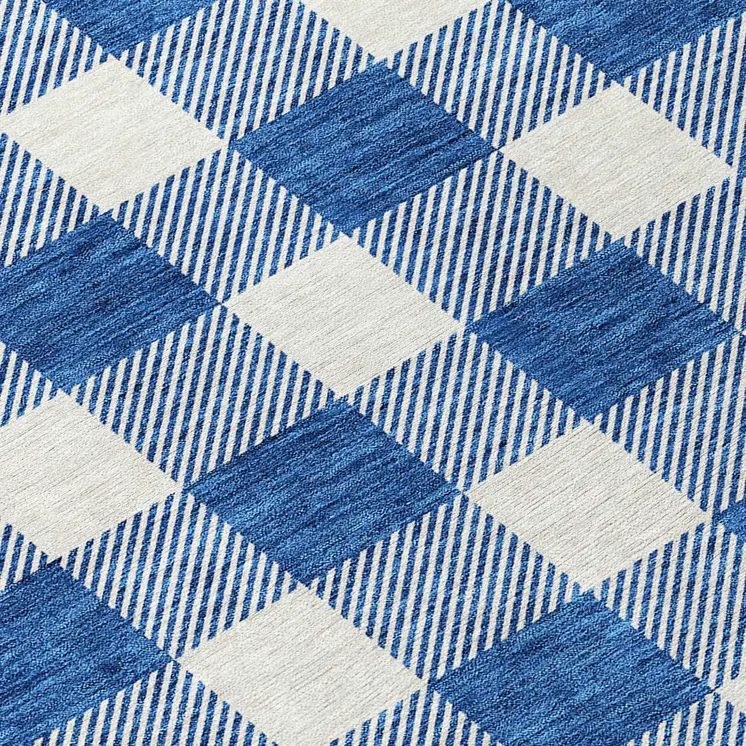8' Navy Blue And Gray Round Plaid Washable Indoor Outdoor Area Rug