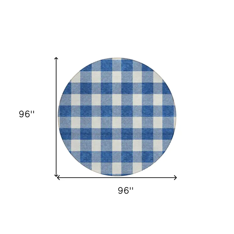 8' Navy Blue And Gray Round Plaid Washable Indoor Outdoor Area Rug