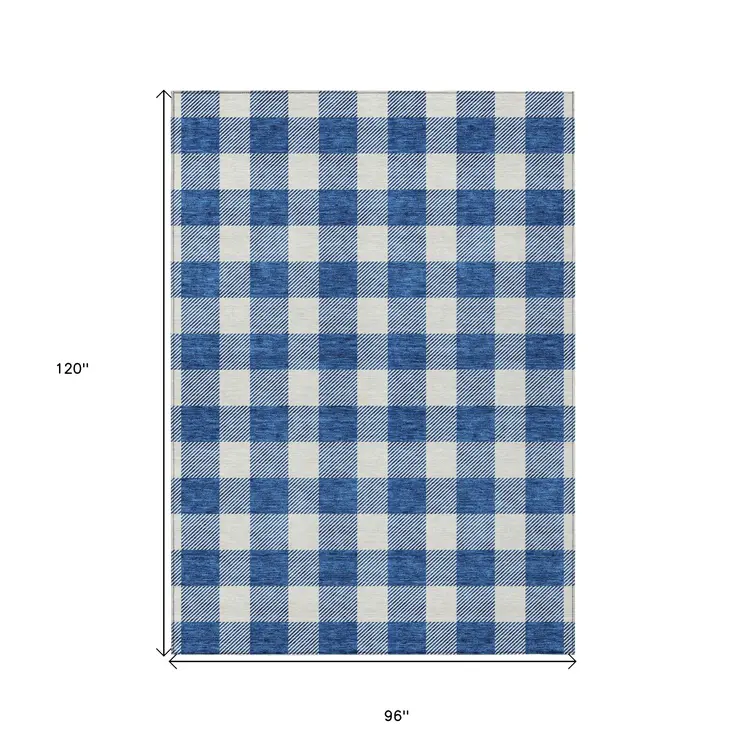 8' X 10' Navy Blue And Gray Plaid Washable Indoor Outdoor Area Rug