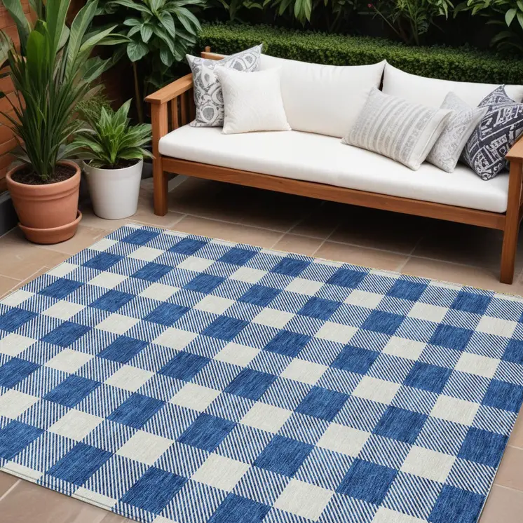 8' X 10' Navy Blue And Gray Plaid Washable Indoor Outdoor Area Rug