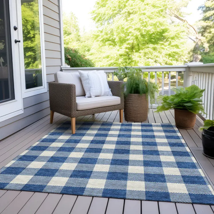 8' X 10' Navy Blue And Gray Plaid Washable Indoor Outdoor Area Rug