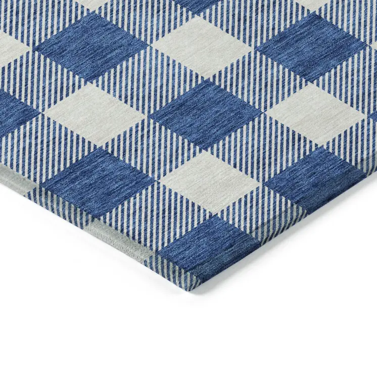 8' X 10' Navy Blue And Gray Plaid Washable Indoor Outdoor Area Rug