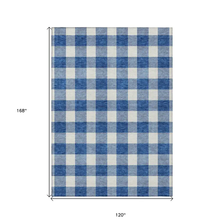 10' X 14' Navy Blue And Gray Plaid Washable Indoor Outdoor Area Rug