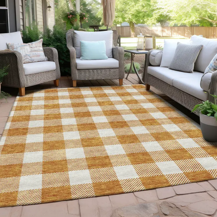 3' X 5' Orange And Beige Plaid Washable Indoor Outdoor Area Rug