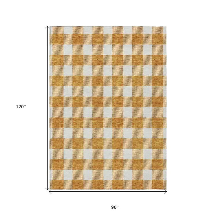 8' X 10' Orange And Beige Plaid Washable Indoor Outdoor Area Rug