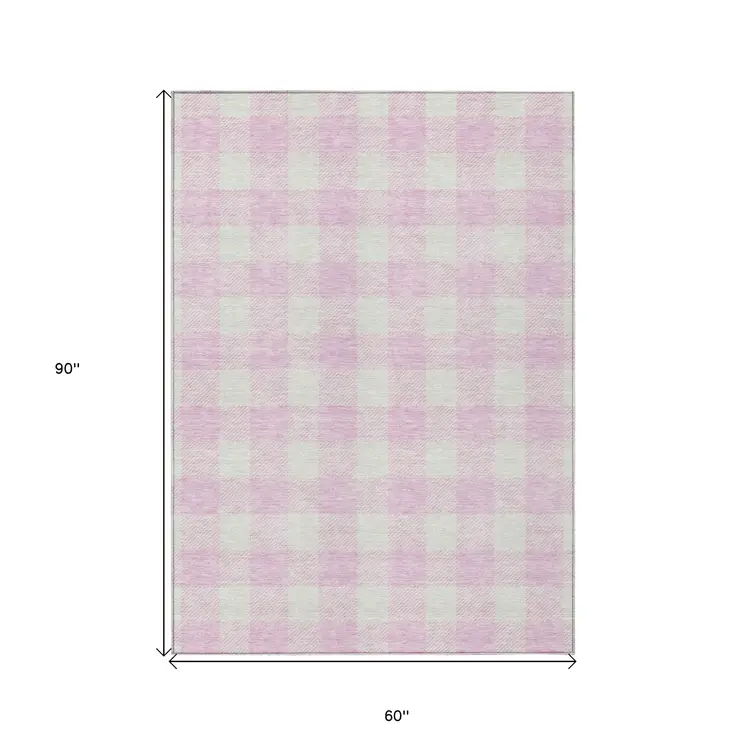 5' X 8' Pink And Gray Plaid Washable Indoor Outdoor Area Rug