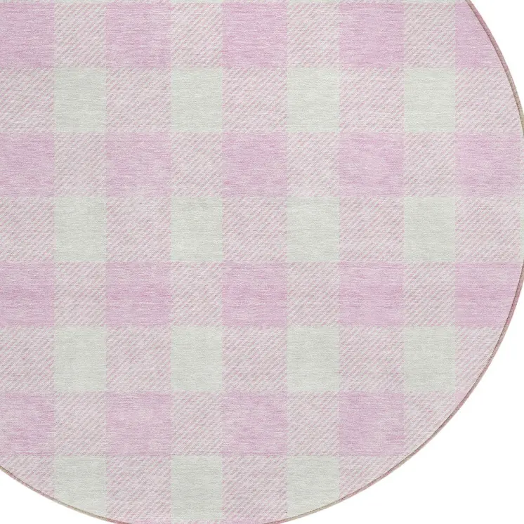 8' Pink And Gray Round Plaid Washable Indoor Outdoor Area Rug